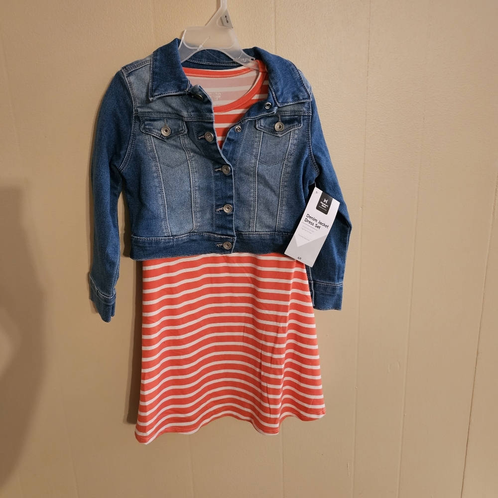 Members Mark Jean Jacket and Red and White Stripped Tshirt Dress Set